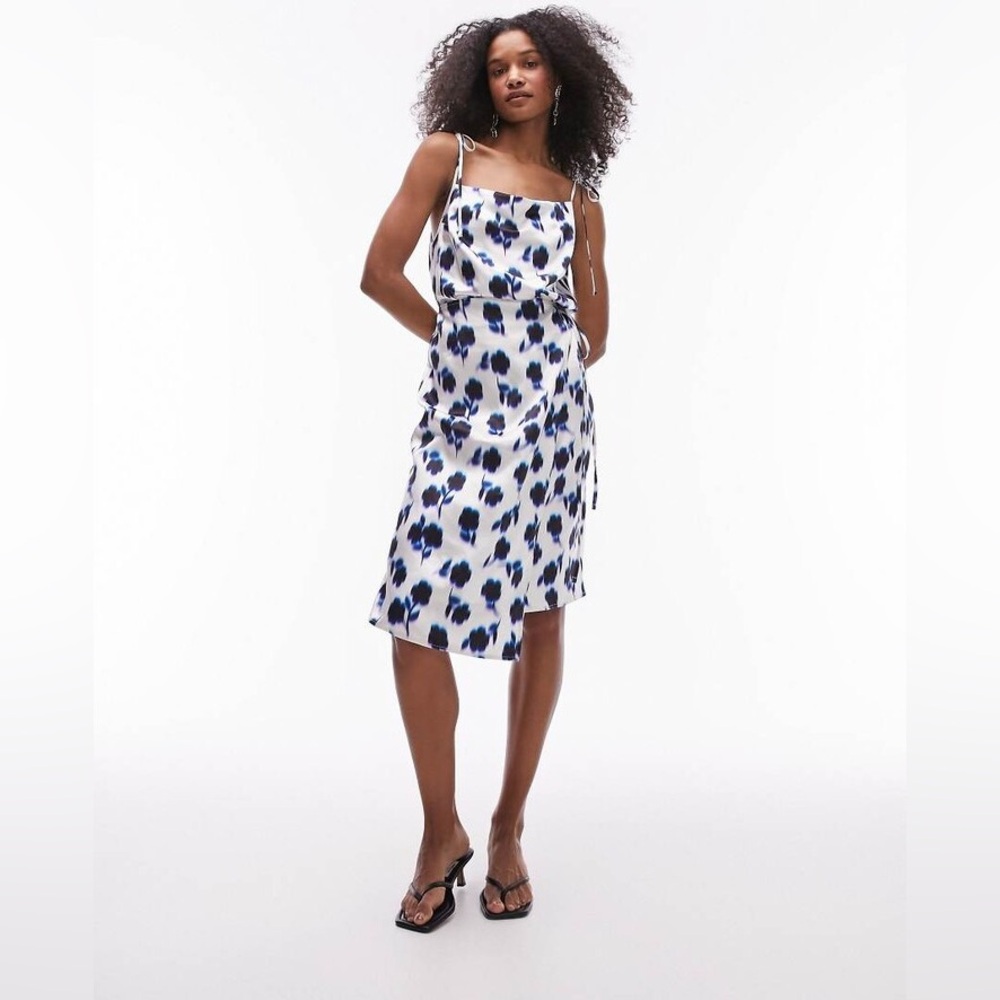Topshop square neck wrap tie midi slip dress in blue floral